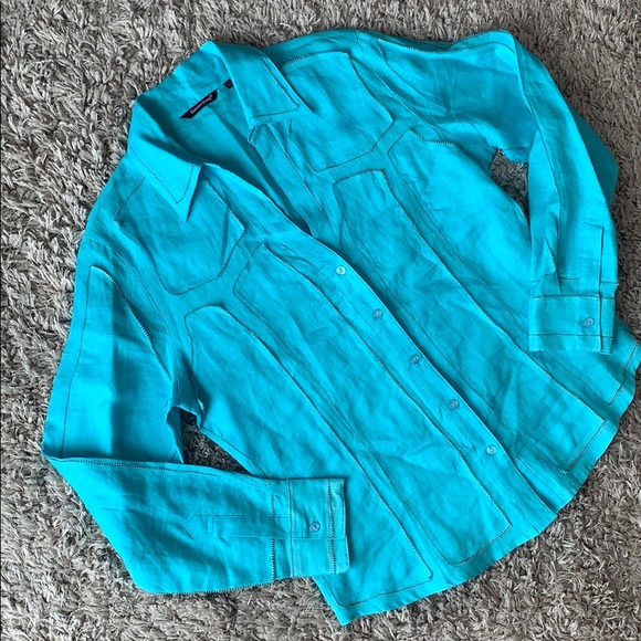 SAMUEL DONG 100% Linen Button Down Teal Top - Picture 2 of 16